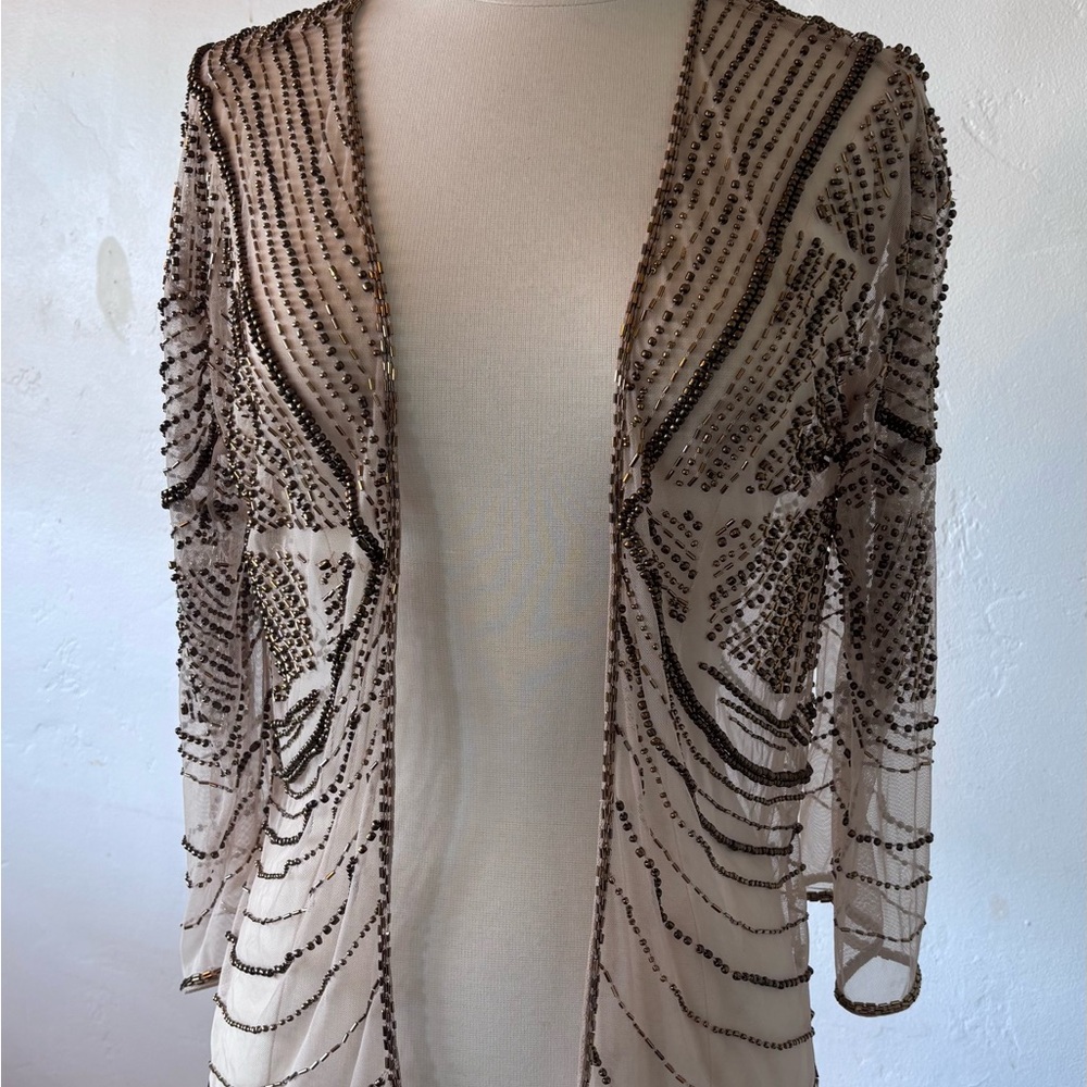 Anthropologie 2026 RAGA Taupe Glass Bead Mesh Open Kimono Top